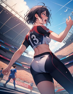 (masterpiece, top quality), high definition, artistic composition, 1 girl, athlete fashion, reaching forward, short hair, from side, screaming, close-up of face, from below, looking away, stadium, dynamic, dramatic,, Pointing