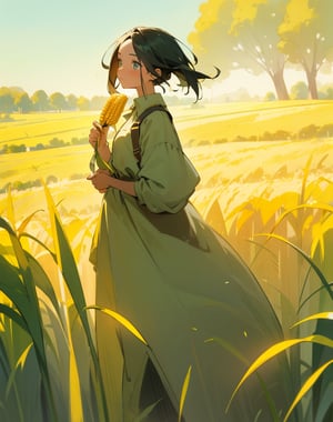 (Masterpiece, Top Quality), High Definition, Artistic Composition, 1 Woman, holding corn in hand, smiling, khaki farm clothes, tall corn seedling, cornfield, green landscape, high contrast, from front, striking light,girl