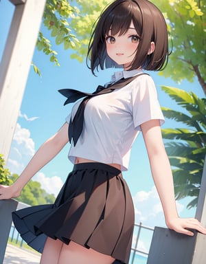 (masterpiece, top quality), high definition, artistic composition, 1 girl, , bob cut, brown hair, school uniform, checked skirt, smiling, Looking back,  Summer.