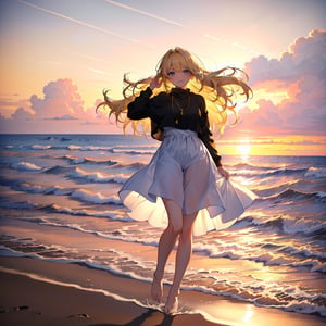Masterpiece, top quality, high definition, artistic composition, 1 woman, running on the beach, frolicking, smiling, looking away, blonde hair blowing in the wind, feminine gesture, from the side, sandy beach, sunset, golden sea, beautiful light, striking, high contrast