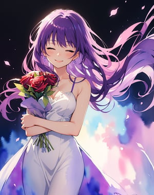 (masterpiece, top quality), high definition, artistic composition, 1 girl, Eyes closed, prone, smiling, holding rose bouquet in front of body with both hands, standing, purple hair, tight white dress, shoulder straps, black background, Len Plant light, from front, watercolor, calm, clean, cowboy shot