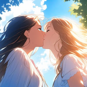 Masterpiece, best quality, high definition, artistic composition, two girls, friend, kiss on cheek, surprised, from side, park, blue sky, from below, grateful