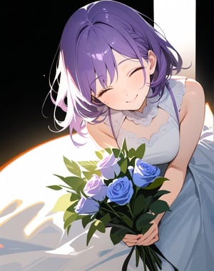 (masterpiece, top quality), high definition, artistic composition, 1 girl, Eyes closed, prone, smiling, holding rose bouquet in front of body with both hands, purple hair, tight white dress, shoulder straps, black background, spotlight from above, from front, watercolor, calm, clean