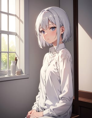 Masterpiece, Top Quality, High Definition, Artistic Composition, One girl, silver hair, white skin, pale eyes, blank expression, sitting by window, backlight, bust shot, beige cotton shirt, striking light, front composition, calm, quiet, late afternoon, short hair, blackout curtains,photograph