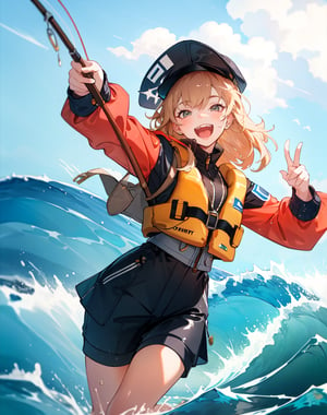 (masterpiece, top quality), high definition, artistic composition, 1 woman, fishing on a boat, smiling, life jacket, fisherman's cap, powerful, splashing waves, open mouth smile, Dutch angle, dramatic