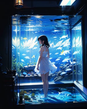 (masterpiece, top quality), high definition, artistic composition, 1 girl, looking away, white dress, black hair, dark indoor, aquarium, fantastic, dramatic, ennui