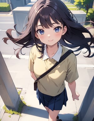 Masterpiece, Top Quality, High Definition, Artistic Composition, 1 girl, close-up of face, from above, smiling, thin eyes open, khaki cotton shirt, long navy blue skirt, park, portrait, dark hair, walking