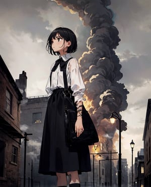 Masterpiece, Top Quality, High Definition, Artistic Composition, 1 girl, blank expression, white shirt, black skirt, 1960s London streets, short hair, poor clothing, gray sky, big factory, lots of chimneys, lots of smoke coming from big chimney, melancholy, dark, wide shot, portrait, slum, black fog, 13-year-old girl, looking away, yellow street lamp