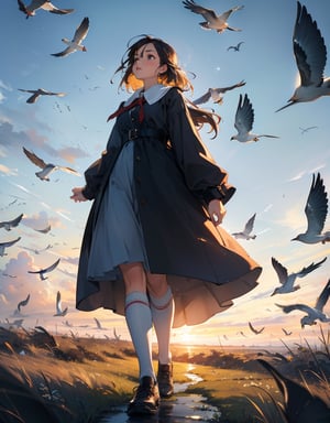 Masterpiece, top quality, high definition, artistic composition, 1 woman, looking up, from below, migrating birds flying, flock of birds, Dutch angle, bold composition, wide shot