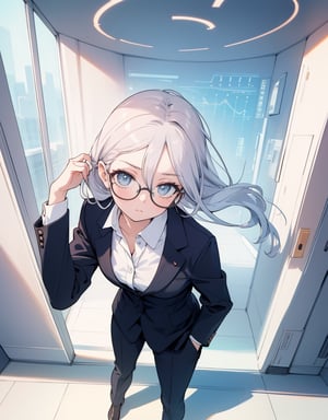 (masterpiece, top quality), high definition, artistic composition, 1 woman, female analyst, business suit, wearing glasses, head tilted back, hand on chin, troubled, image of graph of economic indicators in background, pastel tones, standing, front view, gaze upward