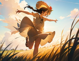 (masterpiece, top quality), high definition, artistic composition, 1 girl, dark hair, sundress, straw hat, running with open arms, open mouth laughing, braids, side view, meadow, dramatic, striking light, bold composition