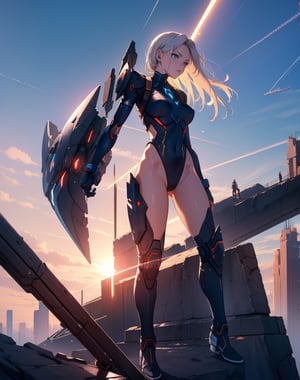  (masterpiece, top quality), high definition, artistic composition, 1 woman, leotard-like fighting outfit, android-like parts, sci-fi, fighting pose, standing on side of huge structure, An aerial view