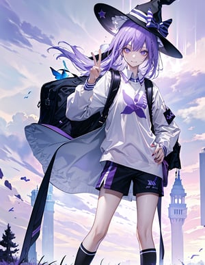 Masterpiece, Top Quality, High Definition, Artistic Composition,1 girl, wizard hat, smug face, printed shirt, standing tall, shorts, striped two-socks, sneakers, standing with legs spread, right hand on hip, left hand making peace sign, Schoolbag, meeting, purple sky, eerie background, from front, fantasy