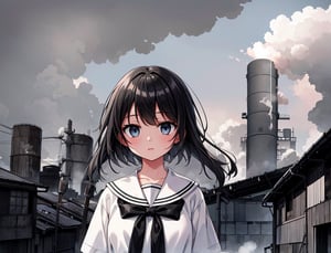 Masterpiece, Top Quality, High Definition, Artistic Composition, 1 girl, blank expression, white shirt, black skirt, 1960s Japan, short hair, crude clothing, gray sky, big factory, lots of chimneys in a row, lots of smoke coming from big chimney, melancholy, dark, wide shot, portrait, slum, black fog, 13 year old girl