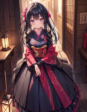 Masterpiece, Top Quality, High Definition, Artistic Composition, One girl, gentle smile, black hair, big pink ribbon, red and blue-green kimono-like battle dress, android-like armor, inside wooden building, dark, lantern light