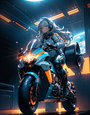Masterpiece, Top quality, High definition, Artistic composition, One girl, Silver and Nile blue spacesuit, Stylish, Riding a motorcycle without tires, Floating in space, Space station, Science fiction, Orange lights, Futuristic, Bold composition, Impressive light, Android style armored, from below, wide shot, Dutch angle