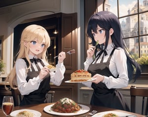 Masterpiece, Top quality, High definition, Artistic composition, 2 girls, Italian restaurant, from below, pasta, fork in hand, talking while eating, angry, laughing, friends, Italian fashion, wide shot, dark interior, striking light, dramatic