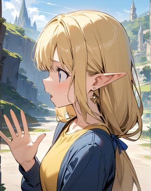 (masterpiece, top quality), high definition, artistic composition, 1 girl, elf, navy blue jacket, cream yellow shirt, gold earrings, blonde hair, long hair, big blue ribbon, disgusted face, scared, mouth open, face turned away, looking sideways, waving hands, fantasy, cartoon, from front, sweat, Adventurer, casual.