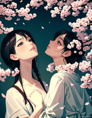  Masterpiece, top quality, high quality, artistic composition, two women, looking up, smiling, dazzling, from above, cherry blossom frame, petals dancing, striking, dramatic, hand held up, focus on face, bold composition,breakdomain,<lora:659111690174031528:1.0>