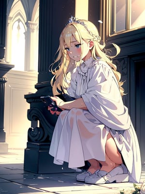 Masterpiece, Top Quality, 1 girl, (operating a smartphone:1.3), staring at smartphone, blonde hair, sweating, squatting, stooping, clenching teeth, gorgeous white dress, tiara, in palace, beautiful light blooming, fantasy, high definition, side view composition, hiding,masterpiece