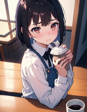 (masterpiece, top quality), high definition, artistic composition, 1 girl, black hair, pouting, tears, blushing, looking away, looking down, hands on table, holding coffee cup, top Top view, Dutch angle, Bob cut