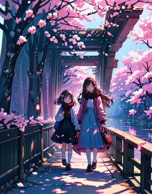  Masterpiece, Top Quality, High Definition, Artistic Composition, 2 girls, smiling, smiling with mouth open, walking and talking, cute gesture, tunnel of cherry trees in watercolor style, spring coordination, portrait, cherry blossoms in full bloom, wide shot,<lora:659111690174031528:1.0>