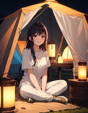 (masterpiece, top quality), high definition, artistic composition, 1 woman, long hair, camping, white shirt, khaki pants, in tent, sitting indian style, lantern light, from front, smiling, night