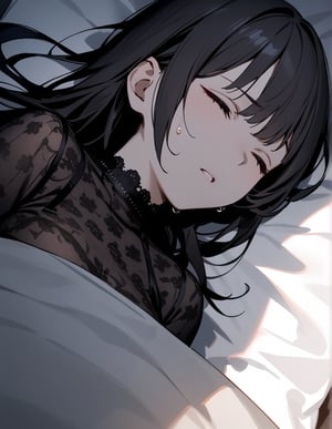 (masterpiece, top quality), high definition, artistic composition, 1 girl, dark hair, gothic, sleeping on bed, suffering, sweating, from above, devil standing beside, frightening, horror, dark