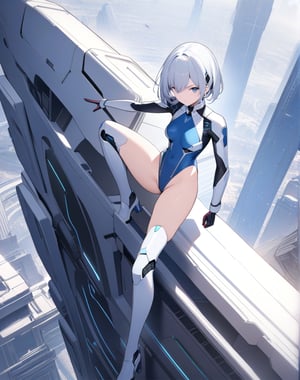 (masterpiece, top quality), high definition, artistic composition, 1 woman, leotard-like fighting outfit, android-like parts, sci-fi, fighting pose, standing on side of huge structure, bird's eye view,