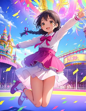 (masterpiece, top quality), high definition, artistic composition, 1 girl, jumping for joy, 5 years old, children's clothing, braids, big ribbon, looking away, looking up to heaven, action pose, ticker tape, brightly colored confetti, theme park, bold composition, parade, lively, dramatic, smile with mouth open