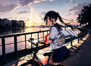 masterpiece, best quality, 1 girl, 13 years old, girl, sailor suit, school uniform, walking, pushing bicycle, riverside, dusk, sunset, dim sky, school road, high definition, Japan, artistic composition, backlight, silhouette, composition from the side, composition from below,best quality