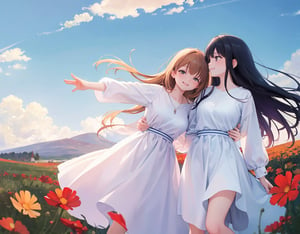 (masterpiece, top quality), high definition, artistic composition, 2 women, taking a picture, talking, looking away, white shirt, cosmos field, fall sky, from the side, looking happy, portrait, action pose, wide shot, smiling, frolicking