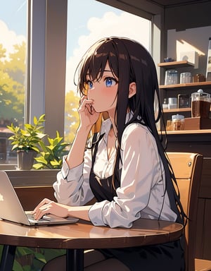 (masterpiece, top quality), high definition, artistic composition, one girl, coffee shop, drinking coffee in a cup at a table, looking away, operating a laptop, at work, concentrating, cutter shirt,