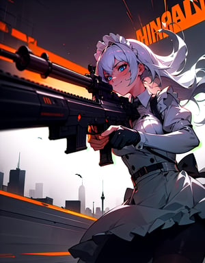 (masterpiece, top quality), high definition, artistic composition, 1 girl, maid cosplay, Halloween, night, city, smirking, heavy weapon, aiming with gun, firing, action pose, looking away, dynamic, powerful, In combat, Dutch angle, High contrast, Suspense