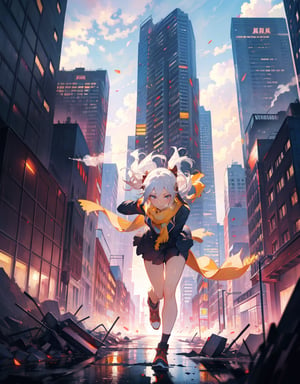 (masterpiece, top quality), high definition, artistic composition, 1 girl, leaning forward, running, action pose, long yellow scarf blowing in the wind, hair tied on head, skyscraper city, ruins, broken road, cloudy, dark, dramatic, smoking