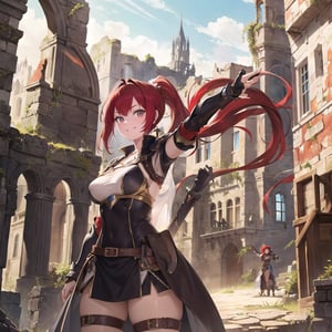 Masterpiece, top quality, 1 girl, bikini armor, standing, bold pose, red hair, ponytail, big eyes, smiling, see-through, arms outstretched, focus on face, beautiful nature, western medieval city, ruins, treasure chest, natural light, hair shining, fantasy, high definition, artistic composition