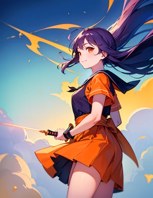 (Masterpiece, Top Quality), High Definition, Artistic Composition, 1 girl, smiling, orange sailor suit, fantasy light armor, cool sword, looking away, composition from below, indigo hair, staring into distance, wind blowing, animation