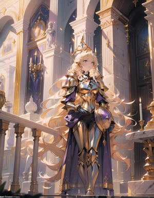 (masterpiece, top quality), high definition, artistic composition, 1 woman, blonde hair, standing, purple armor, golden ornaments, aristocrat, white marble construction, high ceiling, impressive light, aristocrat, imposing, fantasy, composition from the front, holding up the Holy Grail