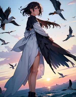 Masterpiece, top quality, high definition, artistic composition, 1 woman, looking up, from side, migrating birds flying, flock of birds, Dutch angle, bold composition, wide shot,photograph