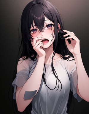 (masterpiece, top quality), high definition, artistic composition, 1 woman, crying, hand covering face, tears, screaming, black hair, long hair, hair disheveled, dramatic, somber clothing, dark background