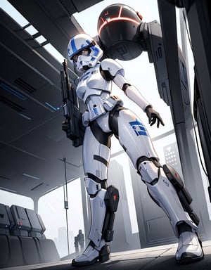 Masterpiece, top quality, high definition, artistic composition, 1 woman, Star Wars style, inside spaceship, futuristic passage, female soldier, gun in hand, action pose, bold composition, Dutch angle, dim, high contrast, perspective, dramatic, droid, stormtrooper style helmet