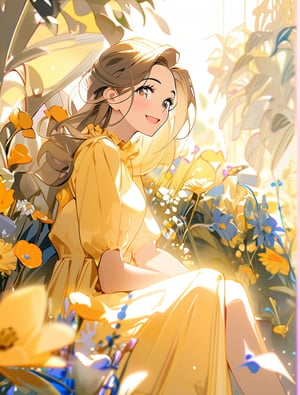 masterpiece, top quality, 1 girl, smiling with open mouth, sitting with knees, yellow dress, flower garden, colorful flowers, high definition, impressive light, from side, portrait