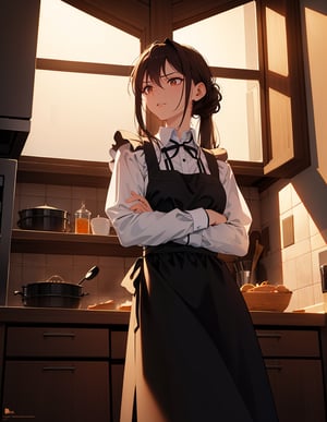 (masterpiece, top quality), high definition, artistic composition, 1 female, dark hair, long hair, from below, arms crossed, scary face staring, backlit, apron, kitchen, hair tied back, Dutch angle, striking light, Wife.