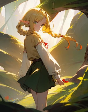 (Masterpiece, Top Quality), High Definition, Artistic Composition, 1 female, elf, blonde hair, braids, red ribbon, large eyes, dark green undershirt, beige skirt, looking back, mysterious cave glowing pale, Fantasy