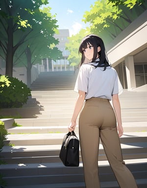 (masterpiece, top quality), high definition, artistic composition, 1 girl, college student, long black hair, college campus, white shirt, beige pants, descending stairs, talking, looking away, smiling, second bag, papers under arm, bright sunlight, large steps, outdoors, street trees