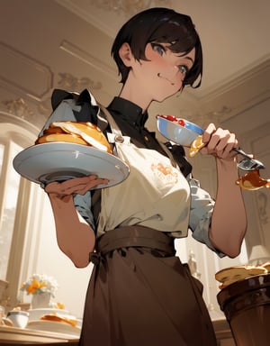 (masterpiece, top quality), high definition, artistic composition, 1 woman, holding out plate with pancake on it with right hand, close-up of pancake, smug face, short hair, boyish, tanned skin, dining room, cute apron, portrait, bold composition, from below, loungewear