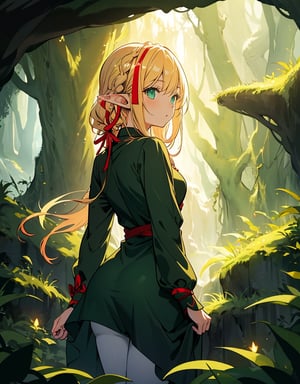 (masterpiece, top quality), high definition, artistic composition, 1 female, elf, blonde hair, braids, red ribbon, big eyes, skin tight dark green dress, slender, looking back, mysterious cave glowing pale, fantasy