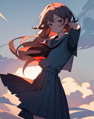  masterpiece, top quality, high definition, artistic composition, 1 girl, sailor uniform, school uniform, Japan, school uniform, worried, bust shot, hand held out in front, backlight, striking sky color,<lora:659111690174031528:1.0>