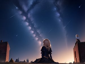 (masterpiece, top quality), high definition, artistic composition, two girls, fantasy, brick structure, two girls sitting, from behind, from below, night, starry sky, wide night sky, shooting star, looking up to the sky, pointing to the sky, fun, bold composition, dramatic, wide shot