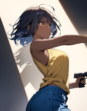 (masterpiece, top quality), high definition, artistic composition, 1 girl, brown skin, yellow tank top, navy blue shorts, holding pistol, reaching, action pose, looking away, twisting, short hair, spotlight, lively